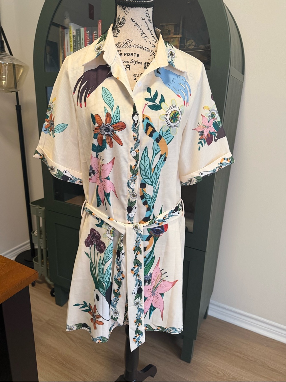 Floral Button-Front Cream Shirt Dress with Self-Tie Belt